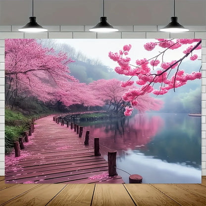 No Installation Needed - Cherry Blossom Floral Tapestry with Pink Sakura Landscape - Easy Hang Wall Decor for Living Room,.