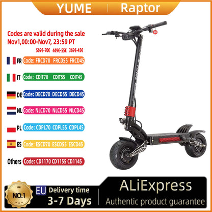 YUME Raptor 2*3000W Dual Motor Electric Scooter Adult Foldable Off Road Electric Scooter 60V-30AH Max Speed 85KM/H.