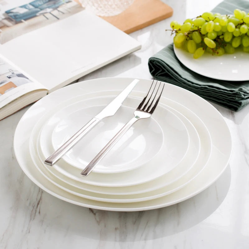 8 inch, plain white bone china vintage round deep plates, white ceramic tray, japanese style, dinner serving plate.