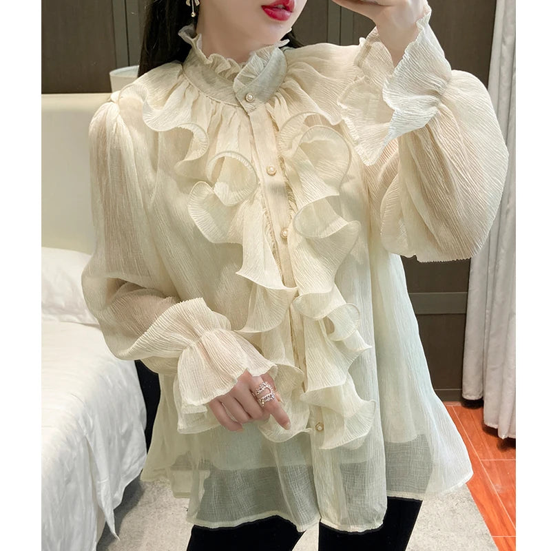 Autumn Vintage Ruffles Clothes Lace Blouse Women Spring Stand Collar White Chiffon Shirt Long Puff Sleeve Loose Tops Elegant.