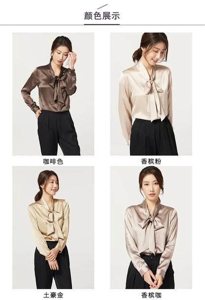 Heavyweight Mulberry Silk Shirt Women's 2025 Spring And Autumn New Long Sleeve Satin Silk Blouse V-neck Bow Ribbon Shirt