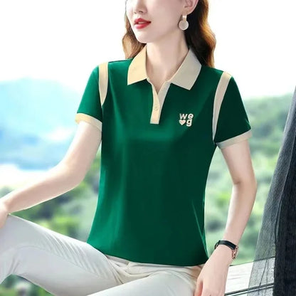Fashionable Short Sleeve Polo Shirt Women's Summer Sporty Hong Kong Style Top High End Mixed Fabric Slim Fit T-Shirt