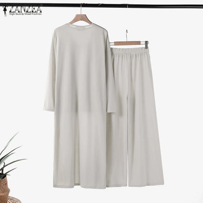 Women Autumn Tracksuits 3pcs Pant Sets ZANZEA Fashion Casual 3-Pieces Sets Solid Tank Tops and Cardigans Wide Leg Trousers Suit.