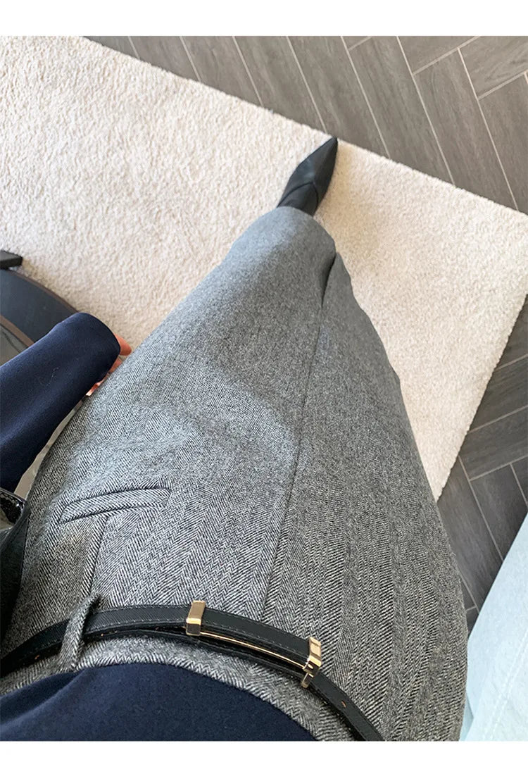 Gray Pencil Skirts Belted Elegant Women Slim Office Ladies Casual A-Line High Waist Split Midi Skirt Autumn Winter.