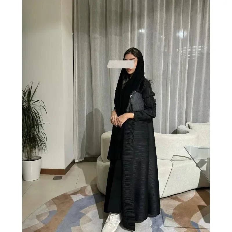 Muslim Abaya Black Simple Commuter Fashion Pleated Loose Long Trench Coat Jacket 2024 Fall New.