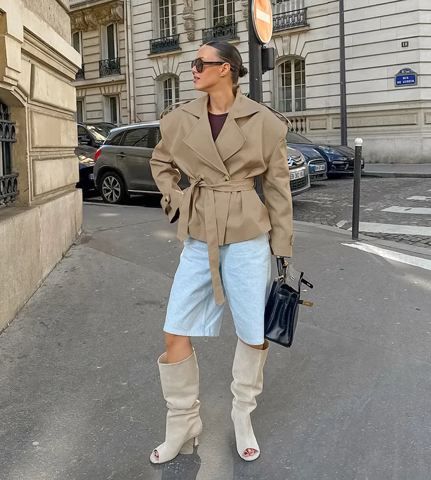 2025 Women Fall Lace-up Cropped Trench Coat Fashion Lapel Long Sleeves Wide Shoulder Windbreaker Jacket Commuting Daily Jackets.