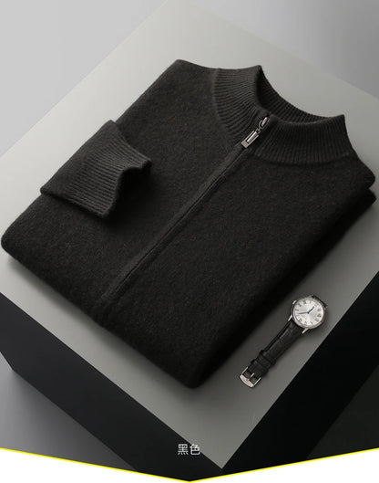 100% Merino Wool Men's Warm Sweater Mock Collar Thickened Zippered Cardigan Autumn Winter New Cashmere Knitted Long Sleeve Tops