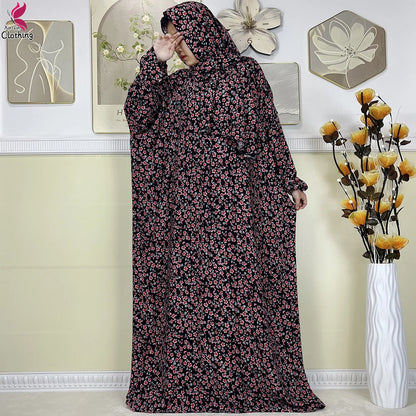 2025 New Muslim Abayas For Women Ramadan Prayer Garment Dubai Middle East Femme Robe Cotton Loose African Dress Turban Attached
