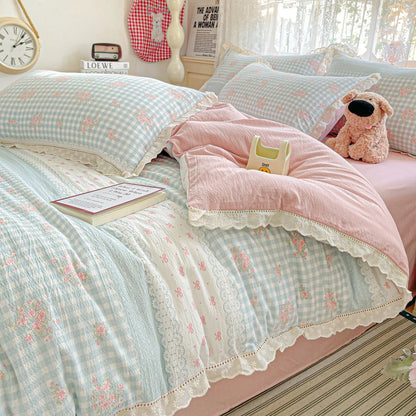 2025 new small fresh printing French lace lace double four-piece set bedding wrinkled yarn student three-piece set