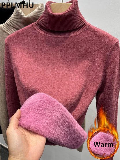Verdicken Samt Rollkragenpullover Frauen Koreanische Mode Gefüttert Warme Sueter Gestrickte Pullover Schlank Top Winter Jersey Strickwaren Jumper.