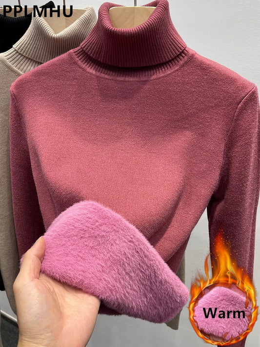 Verdicken Samt Rollkragenpullover Frauen Koreanische Mode Gefüttert Warme Sueter Gestrickte Pullover Schlank Top Winter Jersey Strickwaren Jumper.