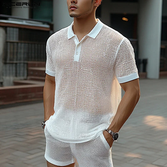Men Short Sets Fashion Hollow Out INCERUN Two-piece Suits  Men's Sets Streetwear Short Sleeve Tops Shorts Men's Clothing Summer.