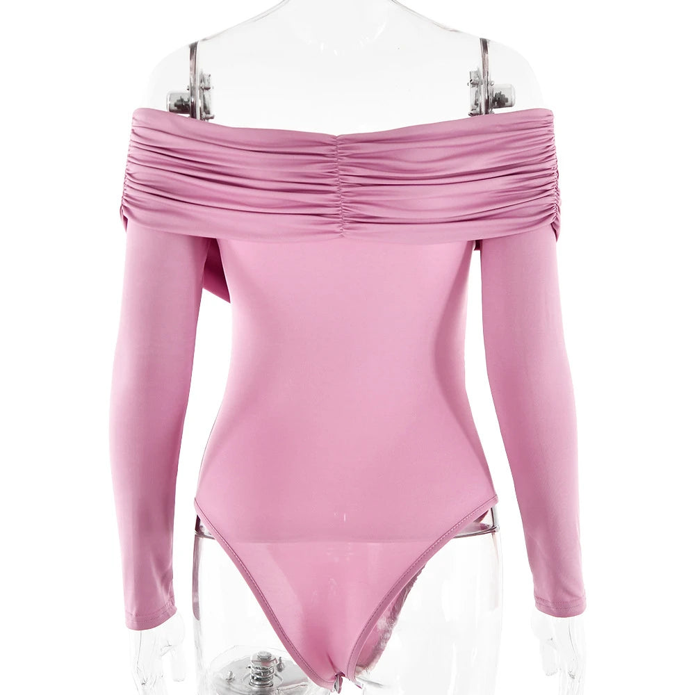 New Solid Sexy Off Shoulder Bodysuits Women Fashion Crossed Folds Skinny Rompers Long Sleeve Fashion Streetwear Autumn Bodysuits