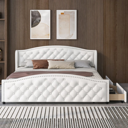 Merax Polsterbett 180x200, Lattenrost, 2 Schubkästen, hohes Kopfteil, PU, weiß