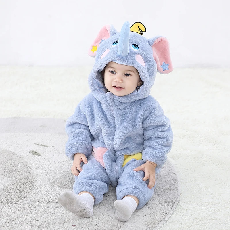Kigurumis Schöne Elefanten Neugeborenen Baby Kleidung Body Winter Flanell Jungen Mädchen Strampler Warme Cosplay Kostüm Outfit Mit Kapuze.