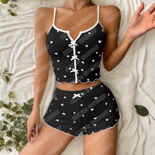 Frauen Sexy Nachtwäsche Pyjamas Set Herz Druck Seide Fleck V-ausschnitt Ärmellose Sexy Dessous Casual Cami und Shorts Sets Loungewear