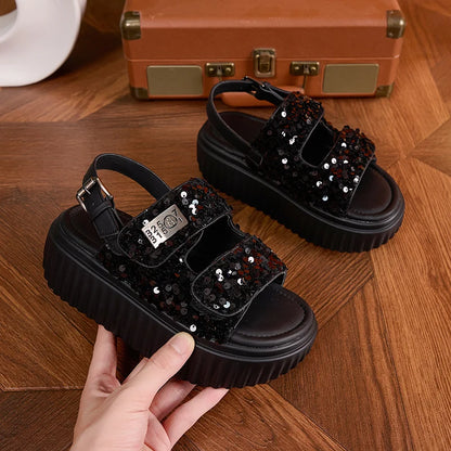 AUTUSPIN 6cm Women Flat Sandals Fashion Platform Ladies Shoes Bling Bling Sequined Cloth Female High Heels Chunky Rome Sandalias