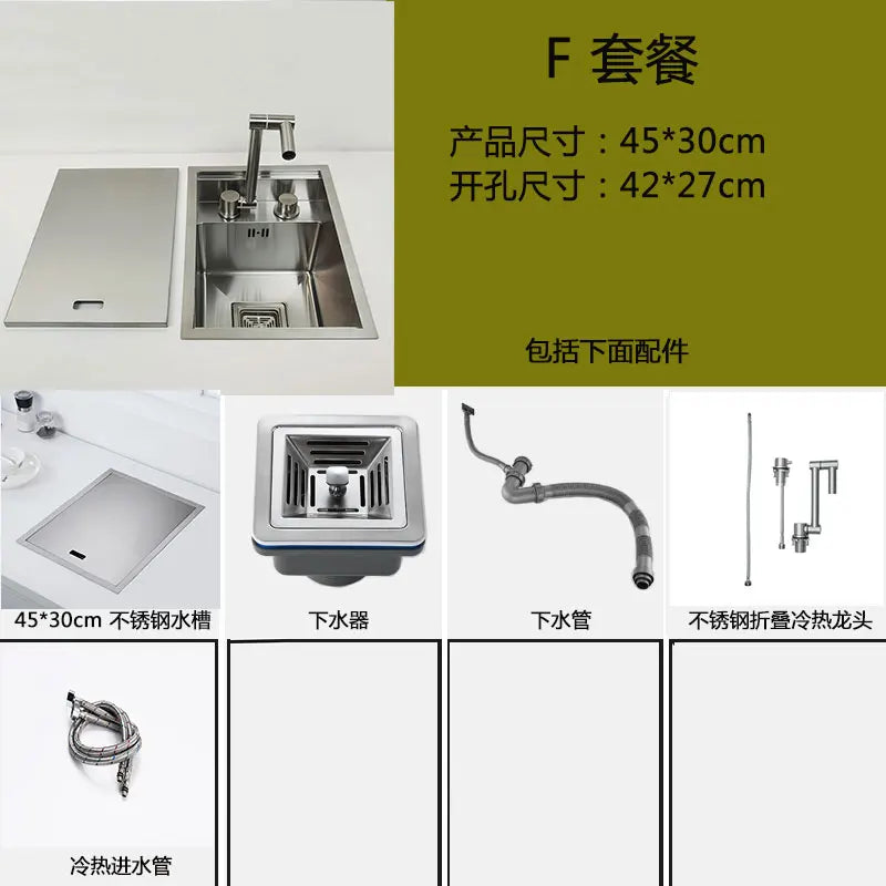 Küchenspüle aus Edelstahl 304, für Inselbar, gebürstete Oberfläche mit faltbarem Wasserhahn, Deckelabdeckung, Seifenspender, Gemüsebeckenwaschbecken