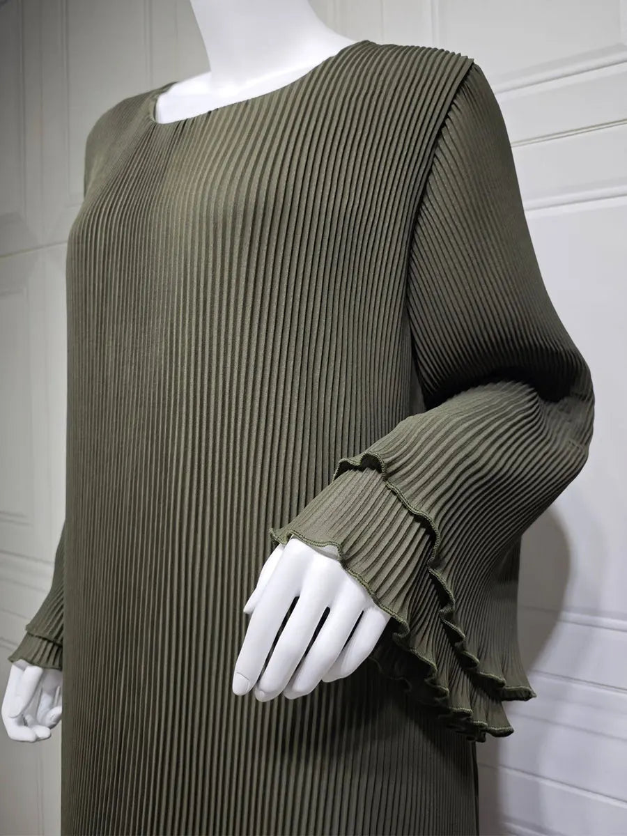 Siskakia Ramadan-Muslim Solid Wrinkle Dresses For Women's Dubai  Moroccan Petal Sleeve Abayas O-Neck Elegant Kebaya 2024