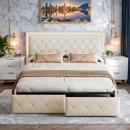 Rosahqnda Modernes Kunstlederbett mit Schubladen, stilvolles Doppelbett aus Kunstleder mit Stauraum, ohne Matratze