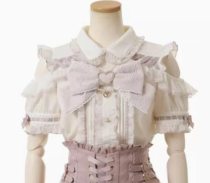 Japanese Liz New Summer Lace Edge Leather Ring High Waist Pleated Skirt Ribbon Bow All-match Short Skirts Big Bow Lolita Blouses