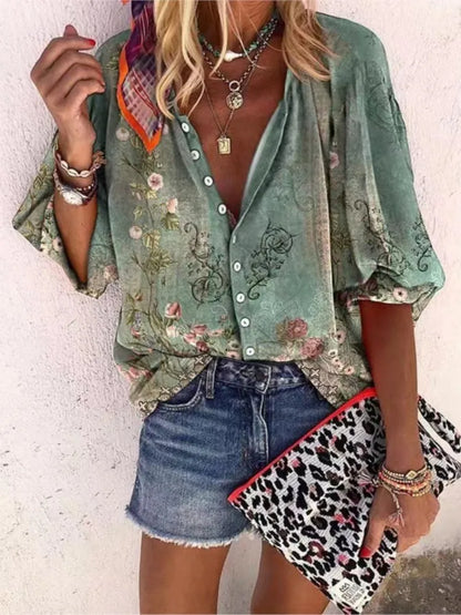 2024 New Women's Shirts & Blouses Fashion Vintage Printed Casual Vacation Bohemian Style Lady Single-breasted Shirt Streetwear.