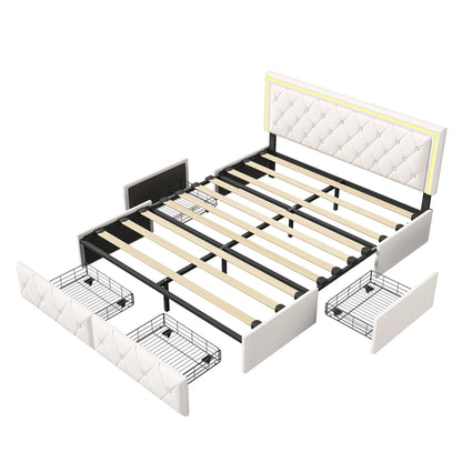 Lazyspace 4 Schubladen + RGB-LED-Kopfteil-Bettgestell, PU-Polsterbett, moderne Queen-Size-Einzel-Doppelbetten, Schlafzimmermöbel