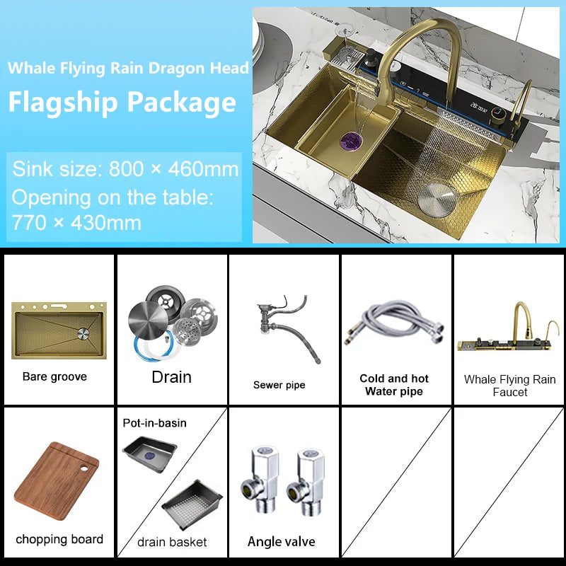 Stainless Steel Waterfall Kitchen Sink New Embossed Extra Large Single Slot Modern Digital Display Dishwashing Basin