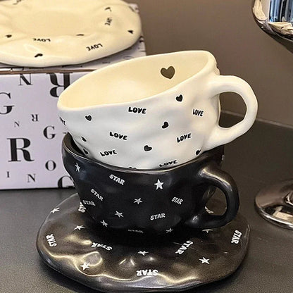 240ml Irregular Ceramic Coffee Cup and Saucer High Appearance Level Afternoon Teacup Office Home Milk Cup Water Cups for Couples.