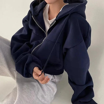 2024 Spring Autumn New Insfleece-lined Versatile Cropped Slims Smooths Silhouette Zip-up Warm Navy Blue Hooded Sweatshirt Women.