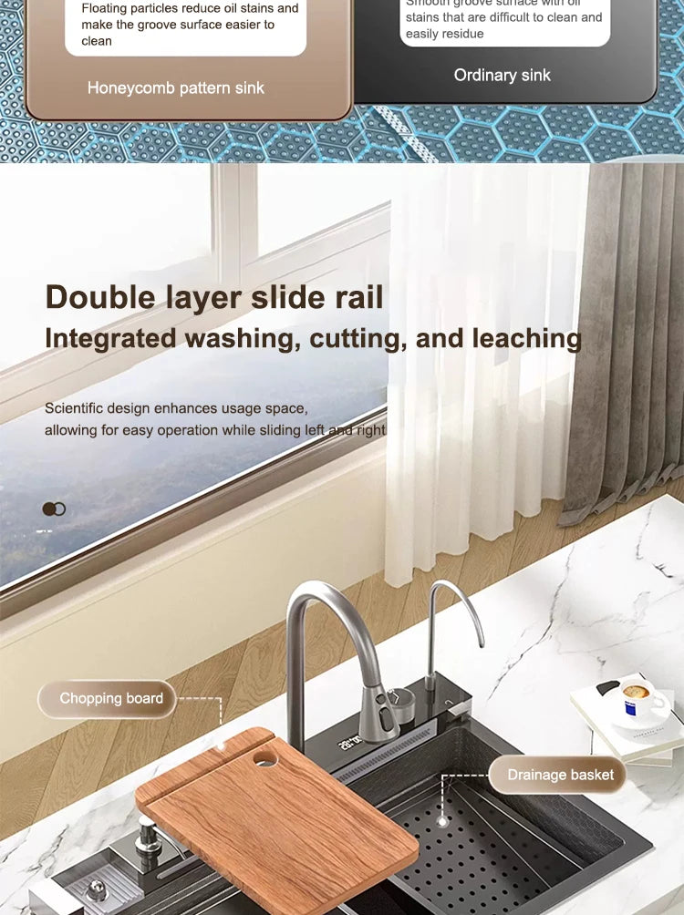 Küchenspüle, Wasserfall-Waschbecken aus Edelstahl, extra großer Einzelschlitz mit Digitalanzeige, Wasserhahn-Set für die Küche