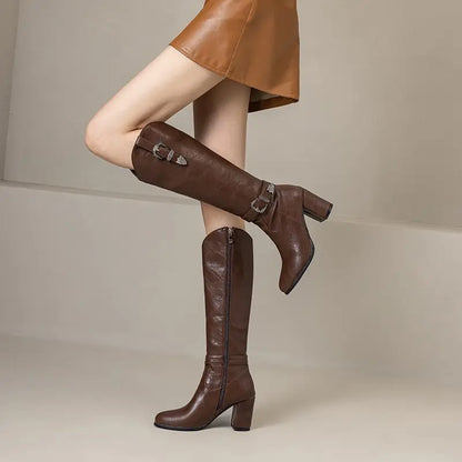 Girseaby British Style Women Knee High Boots Round Toe Block Heel 7.5cm Zipper Plus Size 51 52 Fashion Riding Bota.