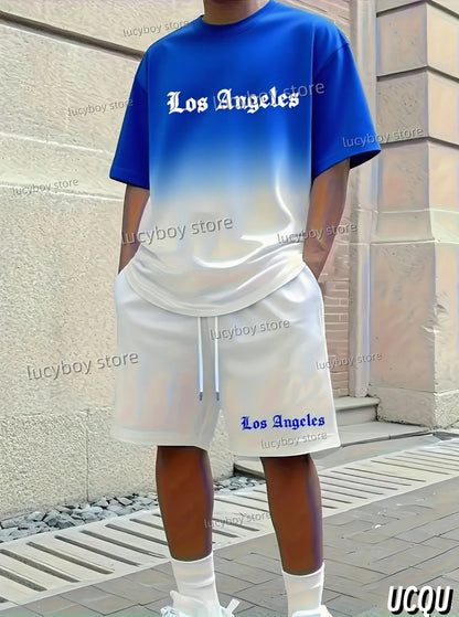 Summer Los Angeles Letter 3D Graffiti Pattern Men's Suit 2 Pieces Set Casual Suit Sports Set Men's Tracksuit Oversized Clothes.