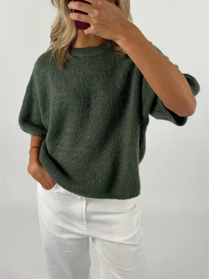 Damen Frühling Herbst Strickpullover Halbarm O Hals Einfarbig Lässige Strickwaren