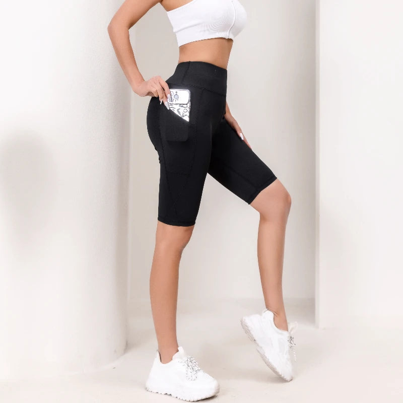 Running shorts, gym sports capris, high waisted pull-up running pants, pocket yoga pants, women's elastic fitness pants.