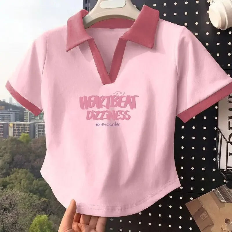 Color Block Polo Neck Short Sleeve T-Shirt Women's Fashion Summer Top plus Size Small Figure Friendly Cotton Blend T-Shirt.