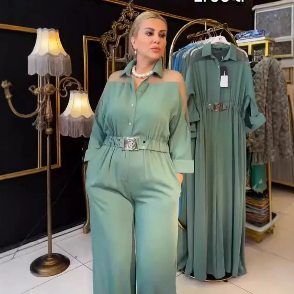 Jumpsuit Full Sleeve Turn Down Collar Office Lady Buttons The Waist Jumpsuits for Women 2024 One Piece Wide Leg Pants Rompers.