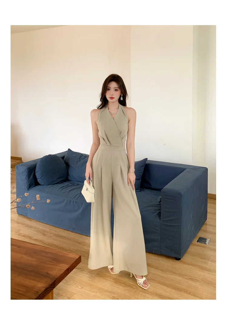 2025 Women Summer Clothes Sexy Halter Backless Folds Jumpsuits Female Wide Leg Loose Rompers Ladies Solid Long Jumpsuit C260.