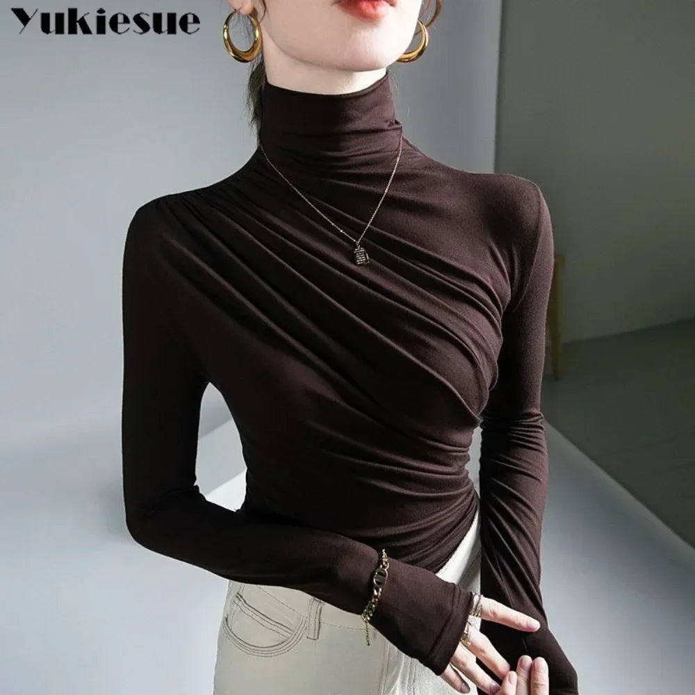 Pleated Stretch T-shirt New Spring Autumn Turtleneck Bottoming Pullover Women's Casual Elegant Basic Top Shirts Harajuku Gothic.