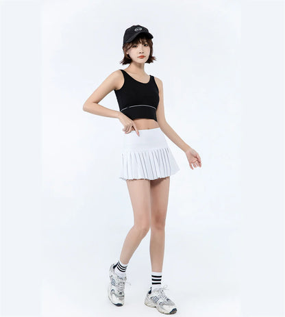 fashionable summer sports shorts women's pleated skirt anti glare short skirt running outdoor fitness breathable tennis skirt.