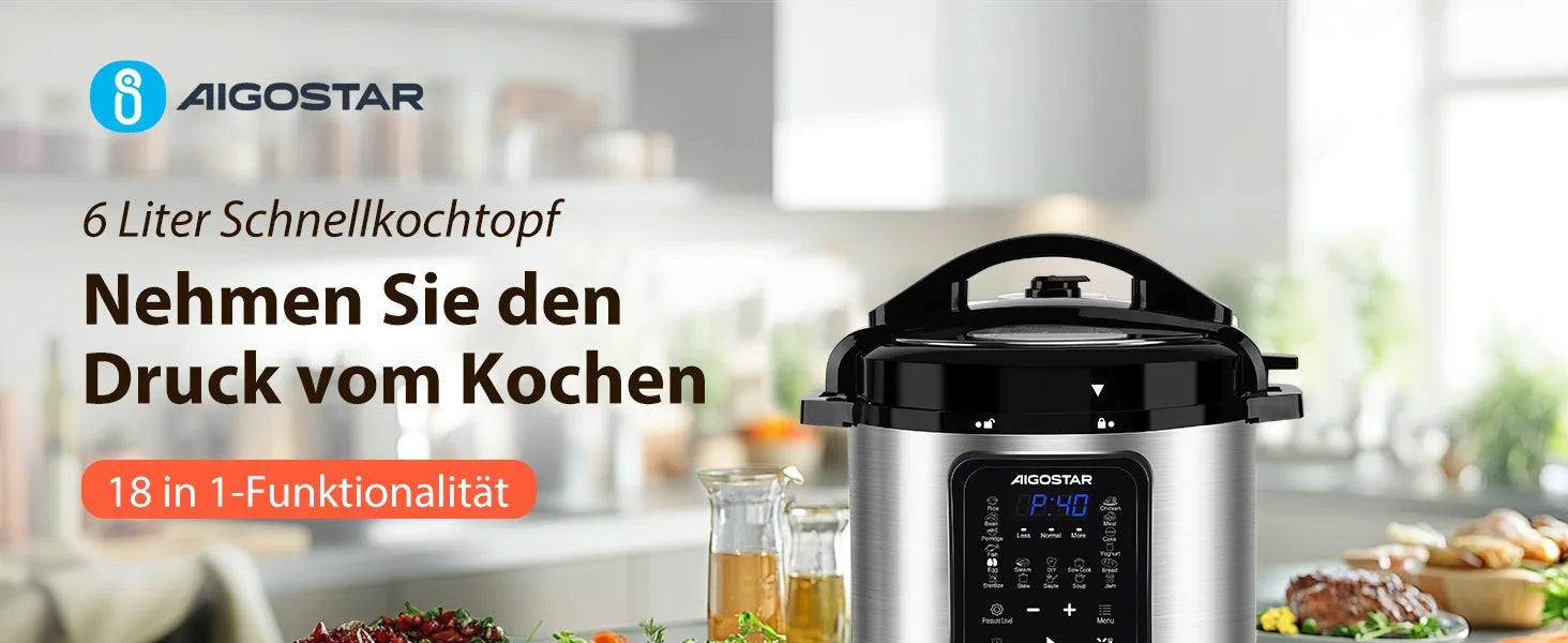 Aigostar Pressure Cooker 6L, 18-in-1 Multicooker, Keep Warm, Non-Stick Coating, Easy Cleaning, Digital Touchscreen, 1000W Pressu.