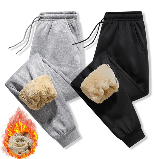 Pants for men in autumn and winter, thickened with fleece for outerwear, casual pants, warm lamb wool sports sweatpants.