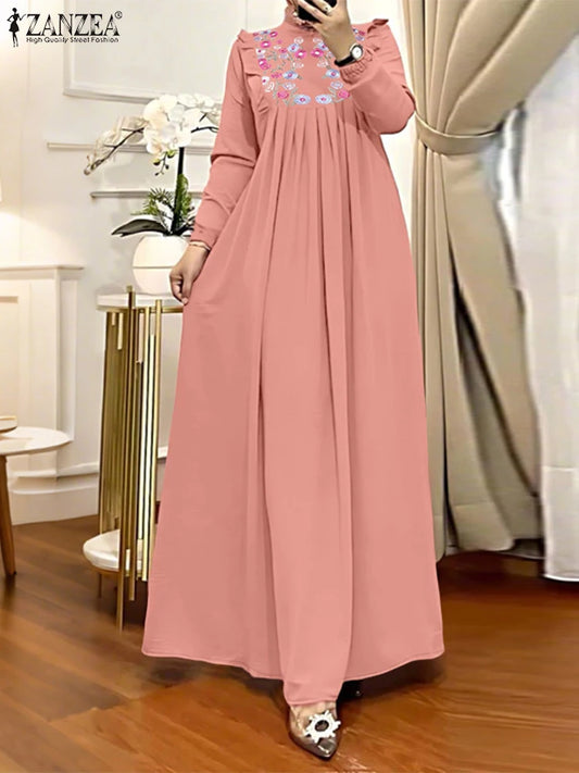 2025 Autumn Muslim Dresses Abaya ZANZEA Women Elegant Long Sleeeve Floral Dress Dubai Robe IsIamic Clothing Maxi Long Sundress.