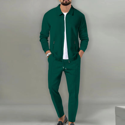 Men's Slim Fit Jacket with Zipper Pocket, Long Sleeved Sportswear, Cardigan Jacket Set, Long Pants, Elegant, two-Piece Set.