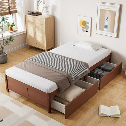 Kinderbett, Holzbett 90x200cm, Flachbett mit Lattenrost, Zwei Schubladen mit Rollen, Kiefer+MDF, Rotbraun, ohne Matratze