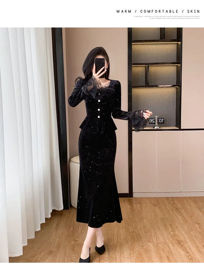 VigoAnne 2025 Black Long Sleeve Top And High Waist Korean Skirt 2 Piece Sets Woman Spring Autumn Velvet Long Dress Suit Ladies.