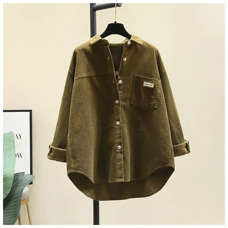 2023 frühling Herbst Cord Langarm-shirt für Frauen Koreanische Ausgabe Casual Mode Medium länge Shirts Weibliche Outwear Tops.