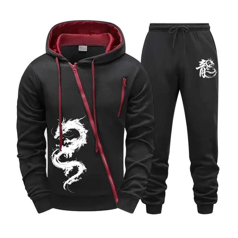 Men's Zipper Hooded Tracksuit Chinese Dragon Print Jacket Sweatpants 2pcs Set Male Outdoor Casual Sports Riding Versatile Outfit.