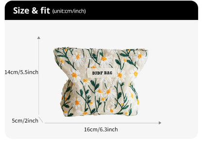 White Embroidery Daisy Women's Makeup Bag Portable Coin Purse Key Case Cosmetics Lipstick Storage Bag Commuter Liner Bag Ins.