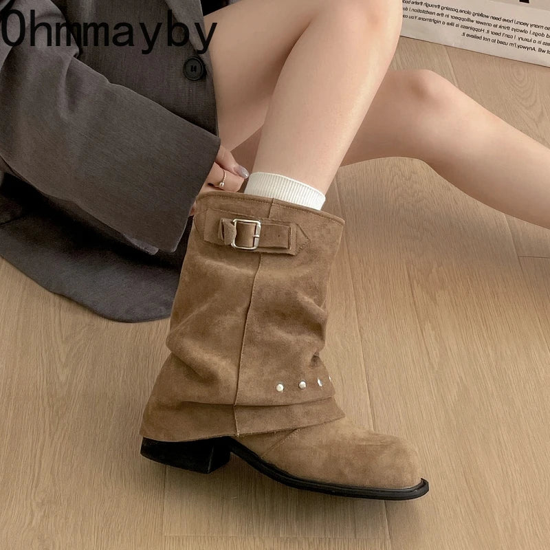 Winter Pleated Women Western Ankle Boots Fashion Rivet Belt Buckle Shoes Ladies Concise Vintage Thick Heel Short Booties.